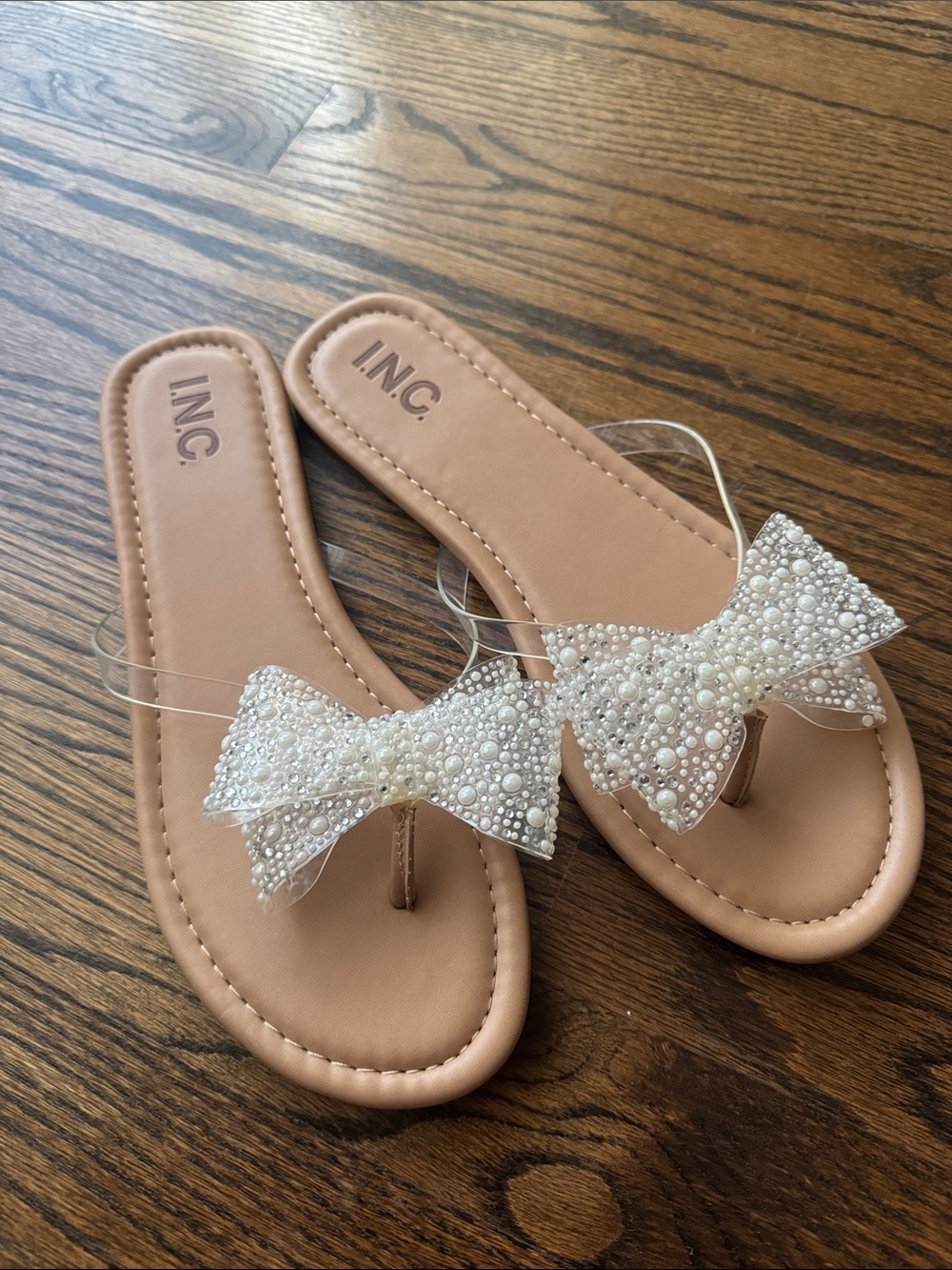 INC. Embellished Bow Clear Strap Sandals - Blush Tan